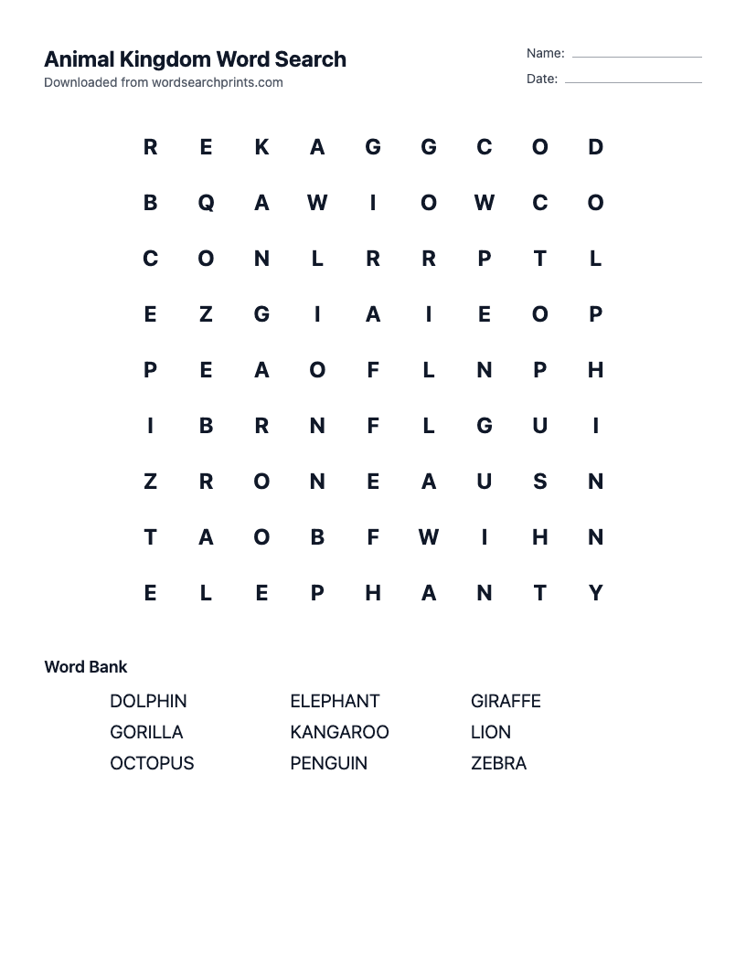 Animal Kingdom Word Search