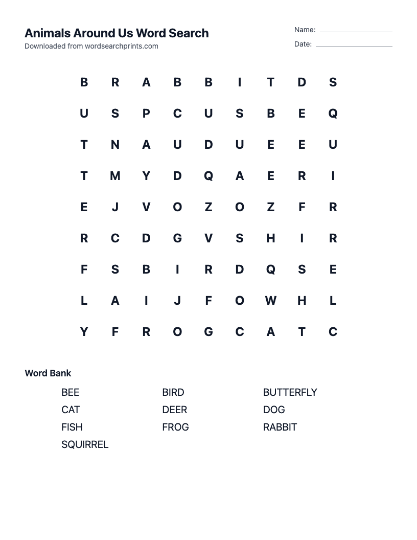 Animals Around Us Word Search