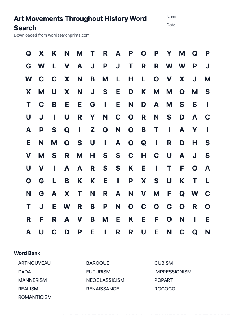 Art Movements Throughout History Word Search