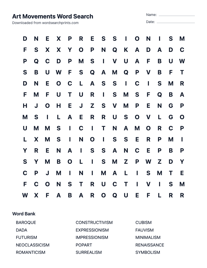 Art Movements Word Search