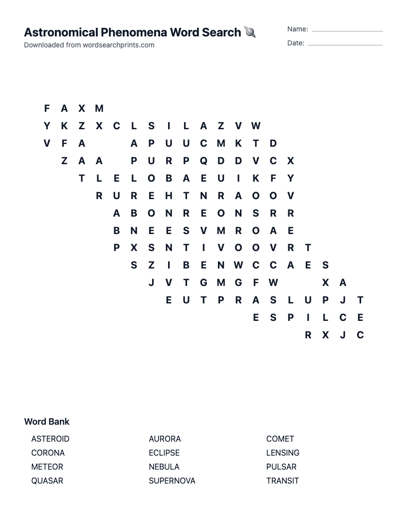 Astronomical Phenomena Word Search