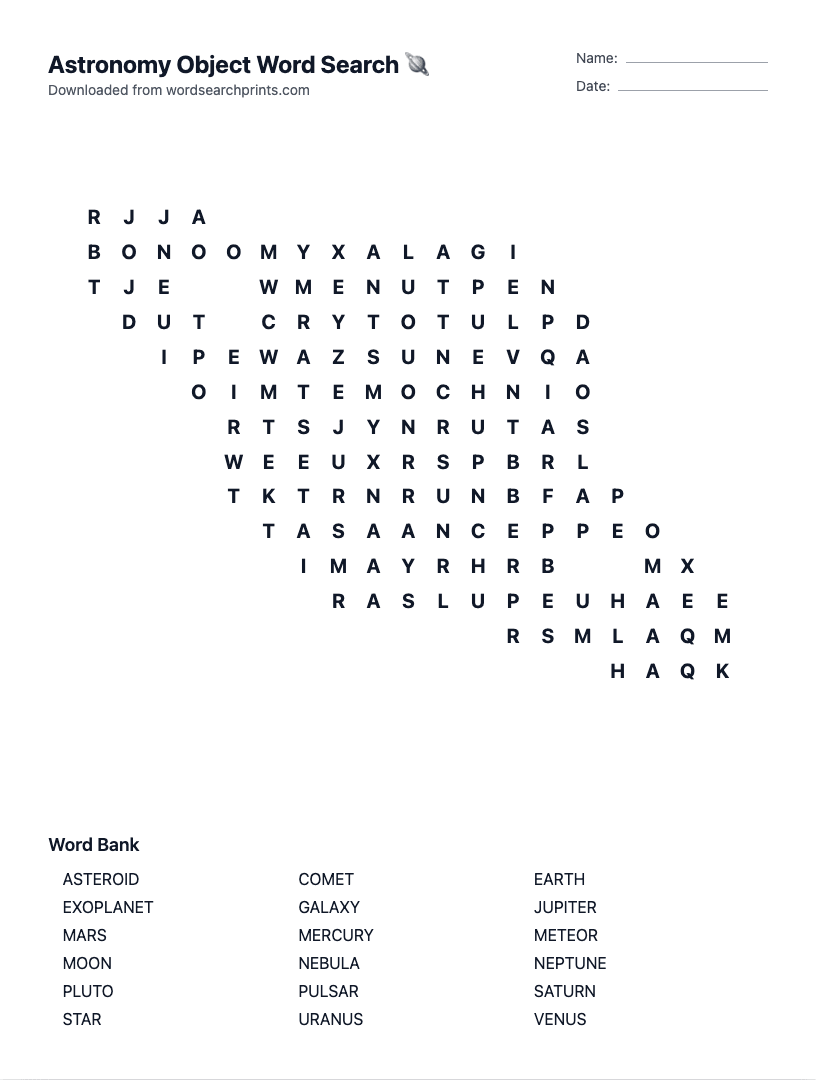 Astronomy Object Word Search
