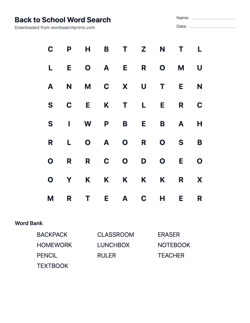 Back to School Word Search