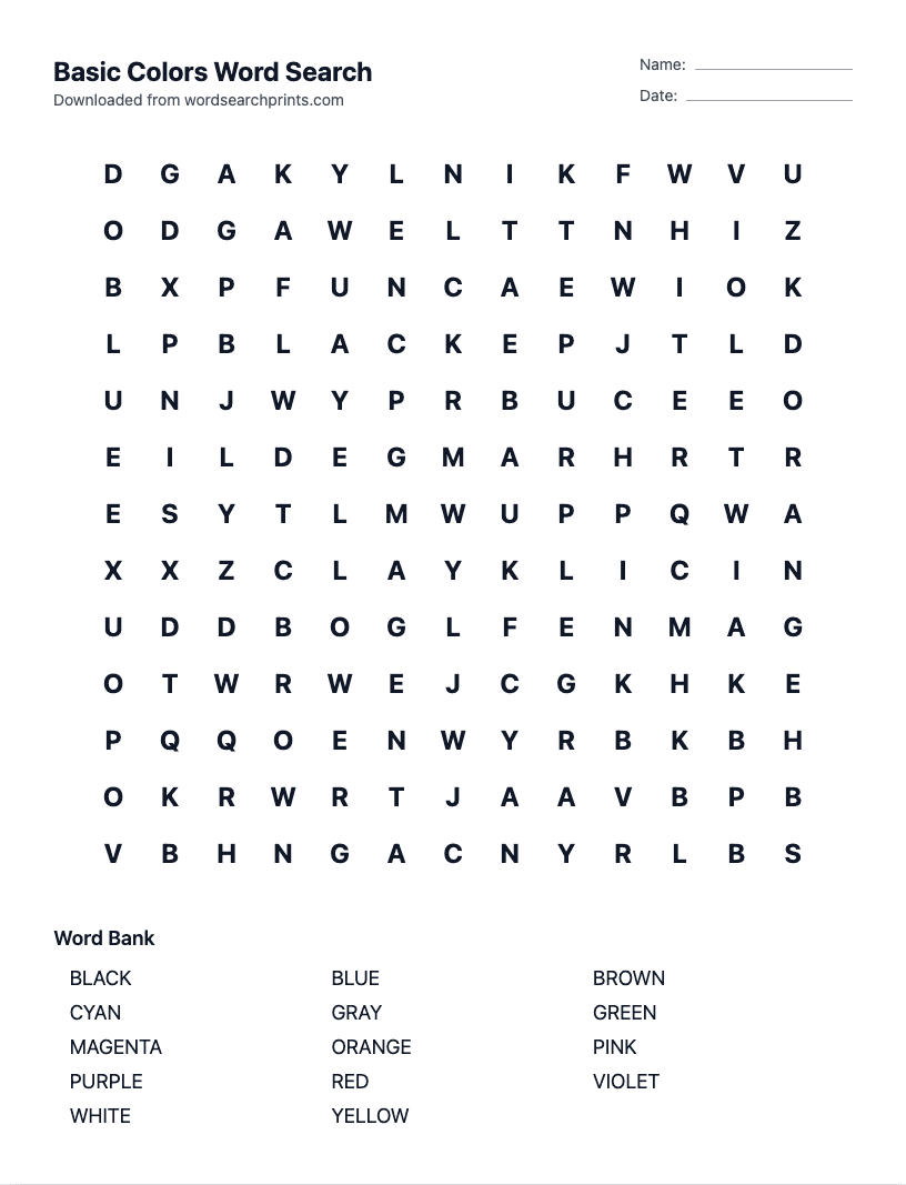 Basic Colors Word Search