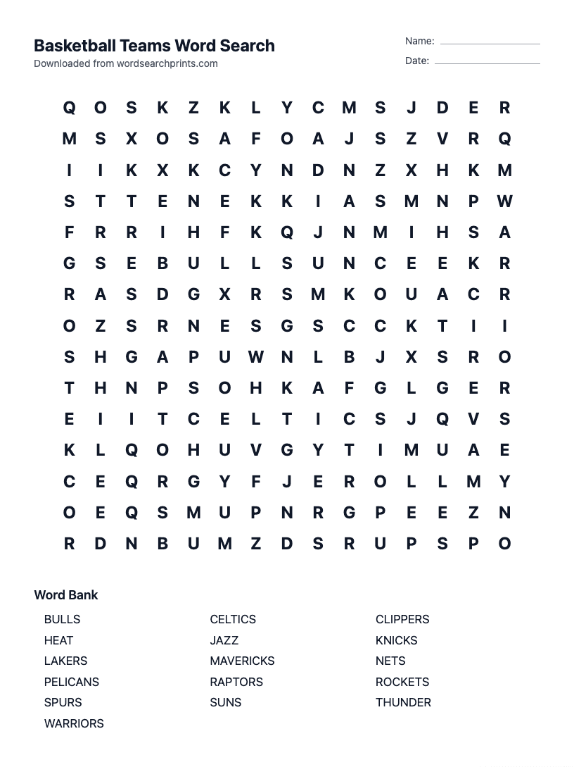 Basketball Teams Word Search