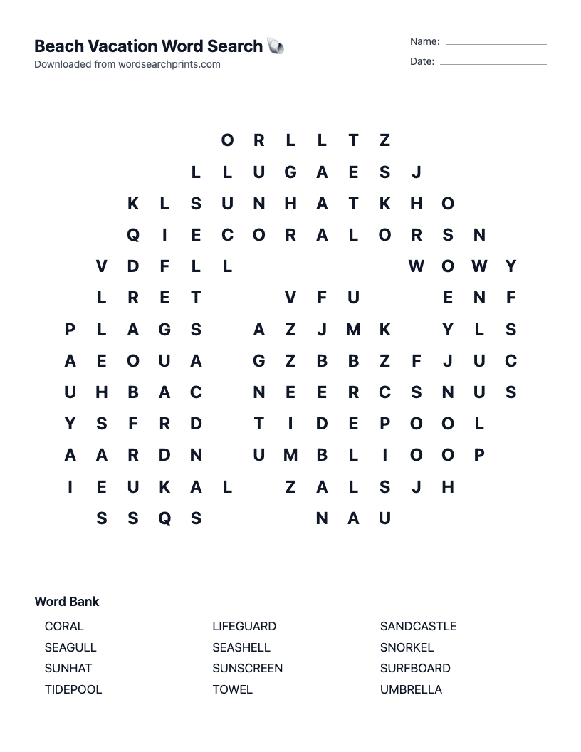 Beach Vacation Word Search