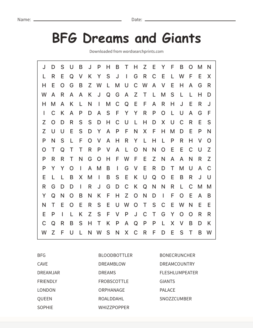 BFG Dreams and Giants Word Search