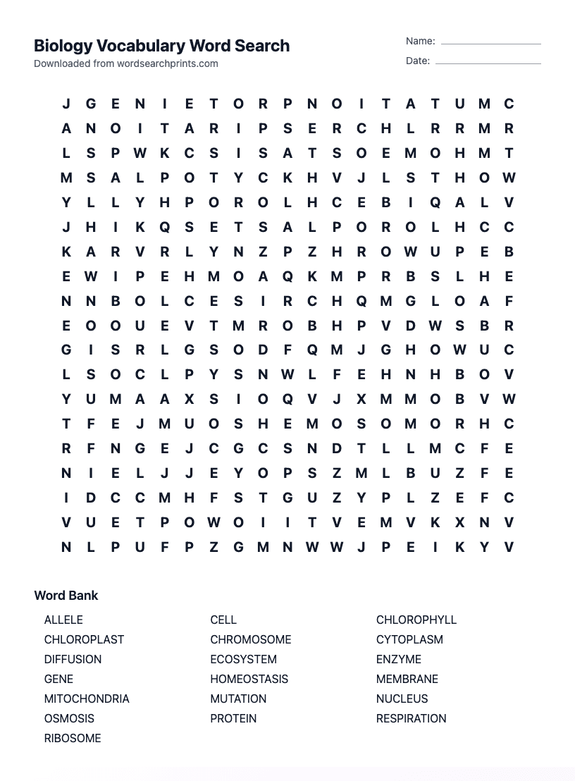 Biology Vocabulary Word Search