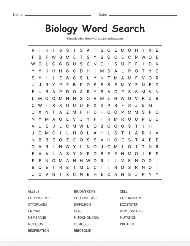 Printable science vocabulary word search worksheet with biology terms