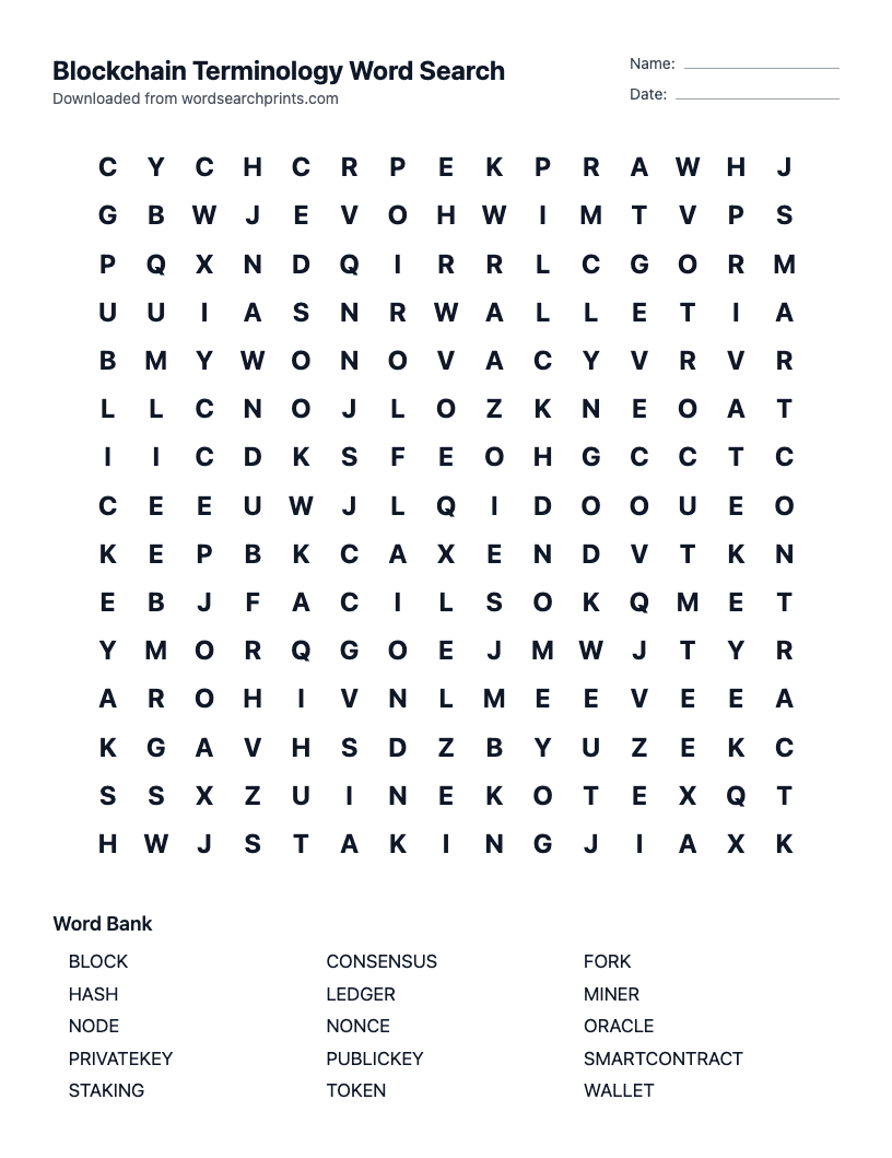Blockchain Terminology Word Search