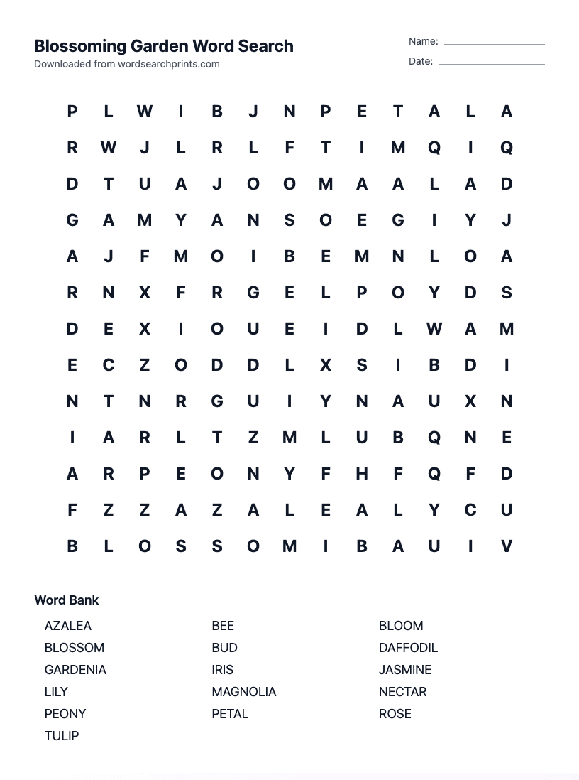 Blossoming Garden Word Search