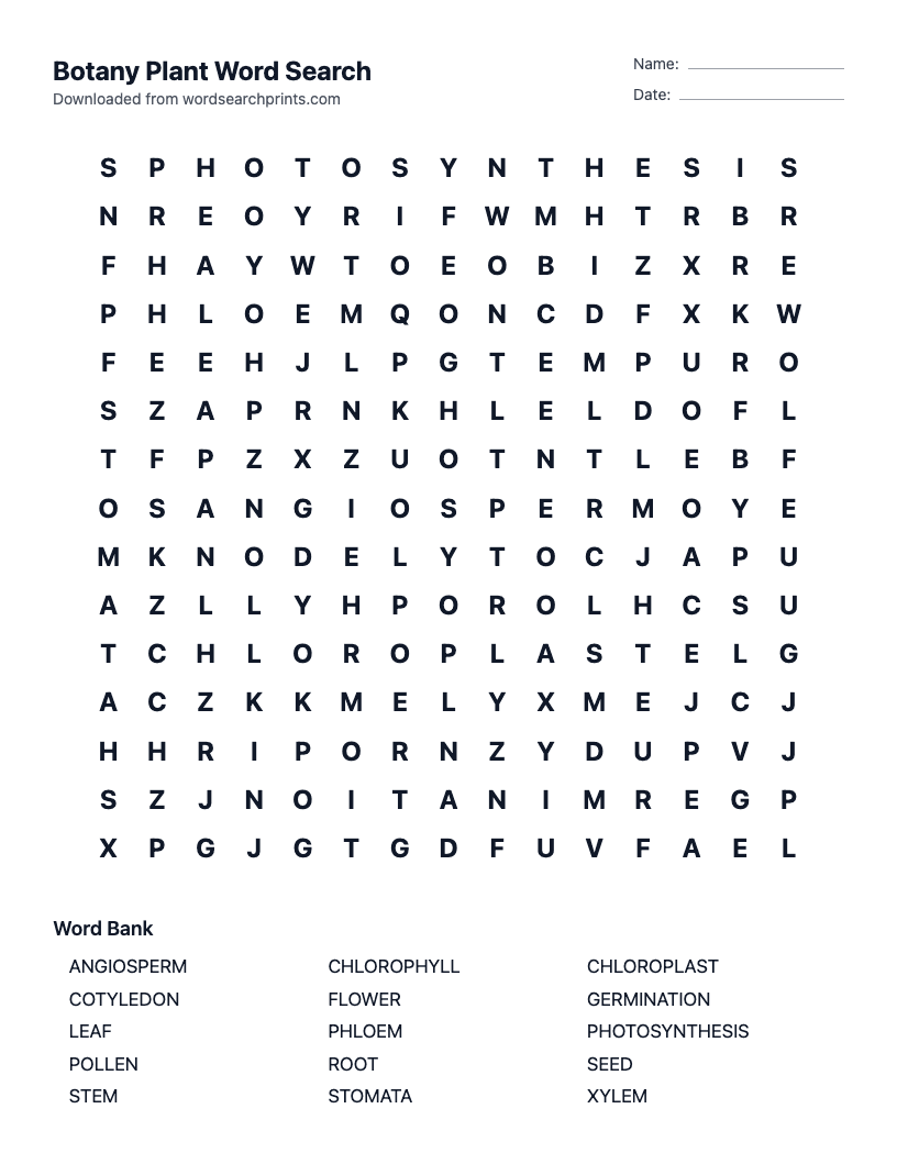 Botany Plant Word Search