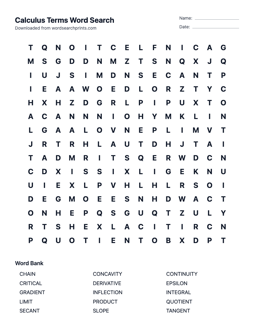 Calculus Terms Word Search
