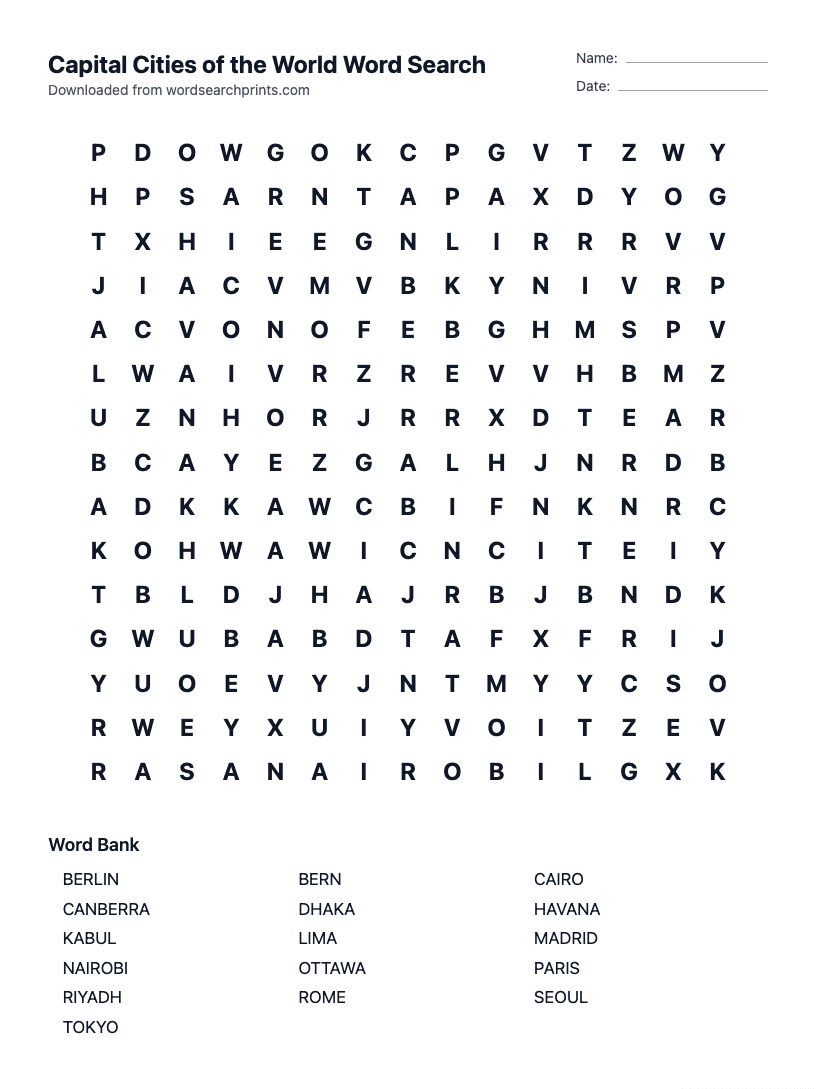 Capital Cities of the World Word Search