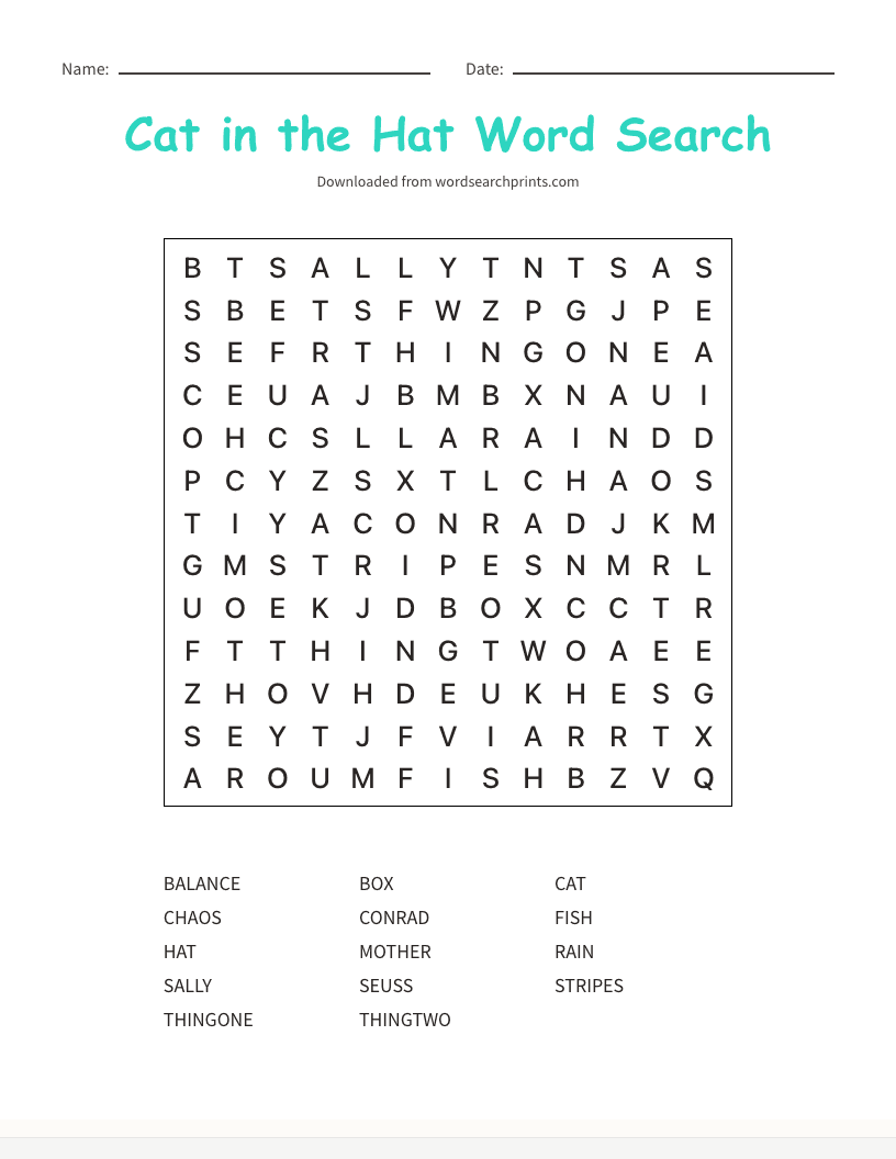 Cat in the Hat Word Search