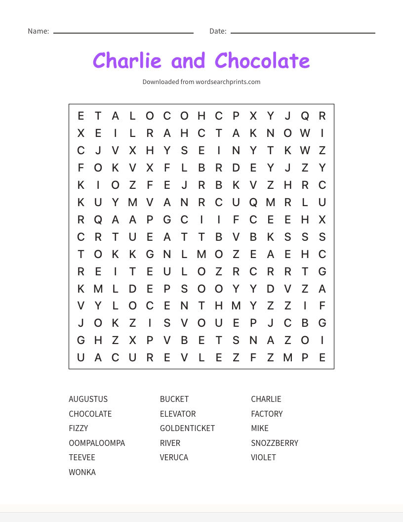 Charlie and Chocolate Word Search