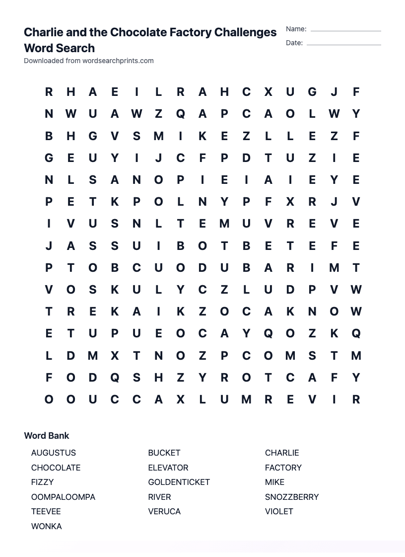 Charlie and the Chocolate Factory Challenges Word Search