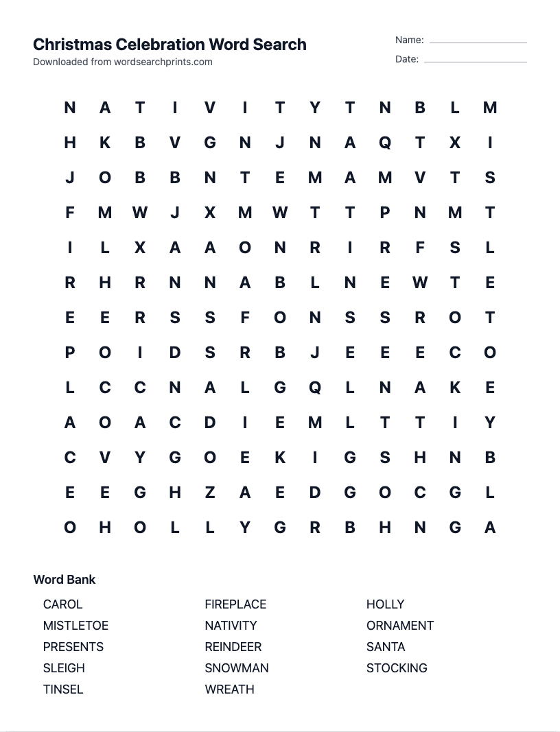 Christmas Celebration Word Search