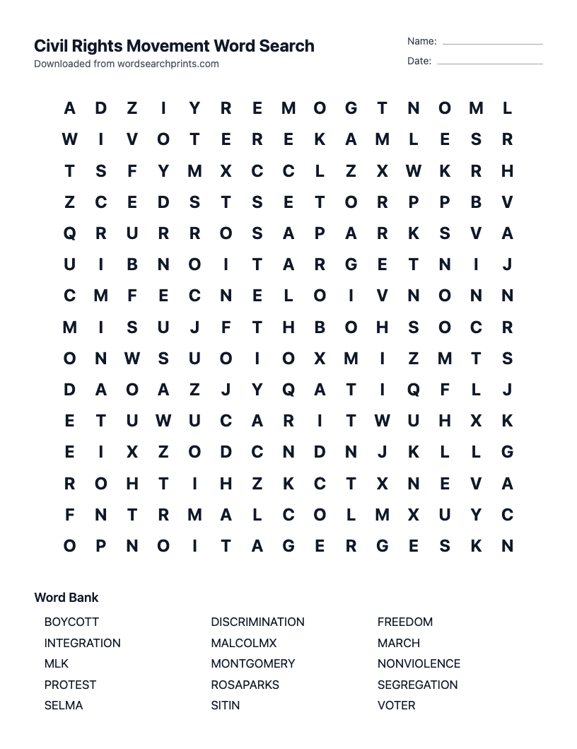 Civil Rights Movement Word Search
