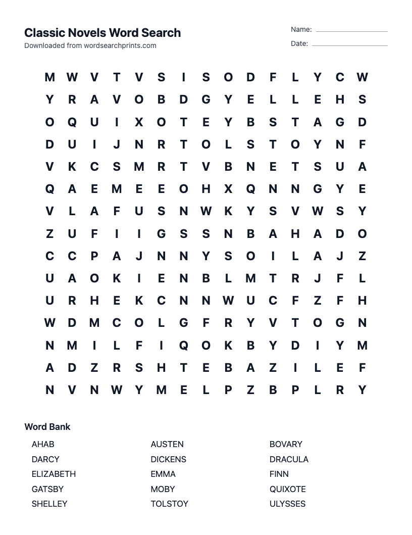 Classic Novels Word Search