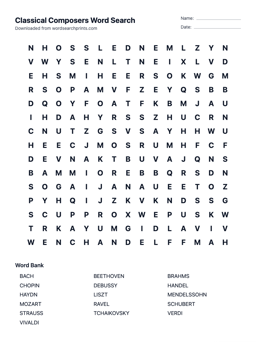 Classical Composers Word Search