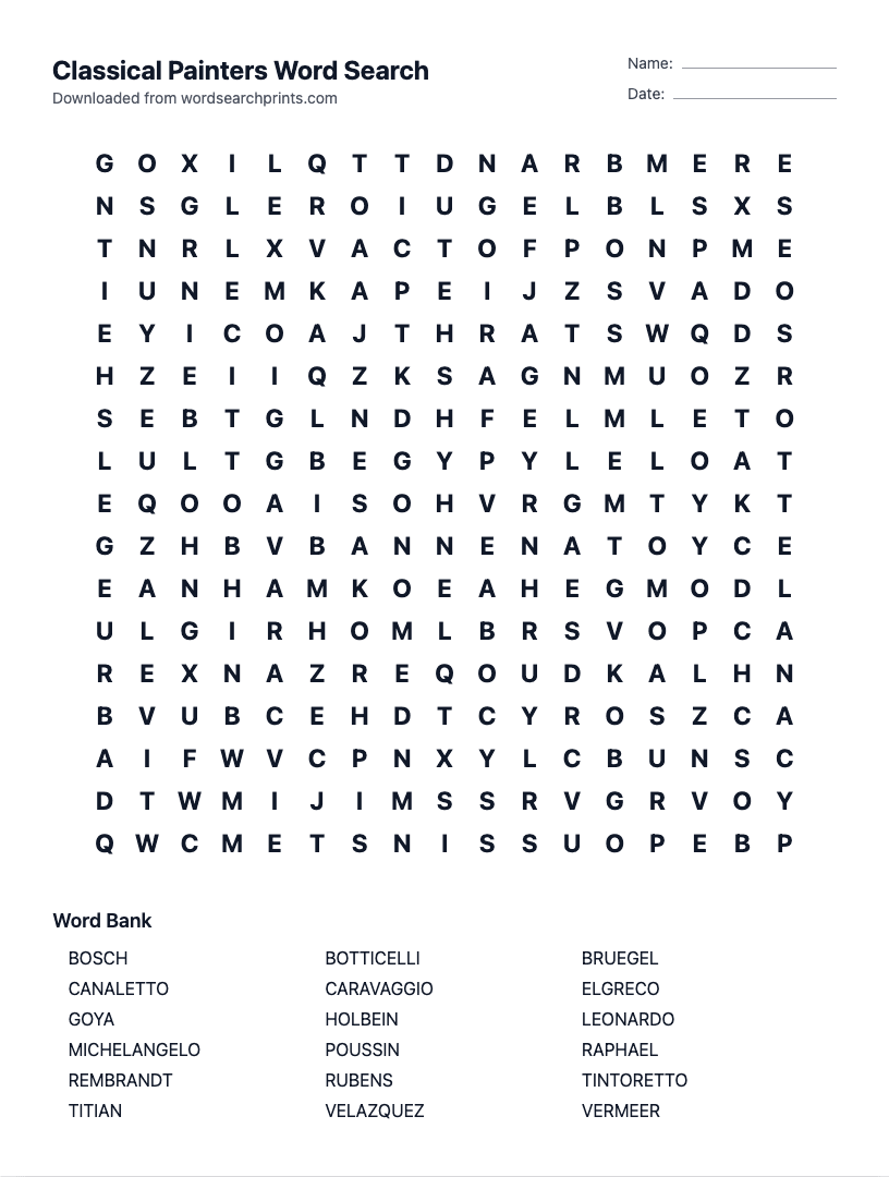 Classical Painters Word Search