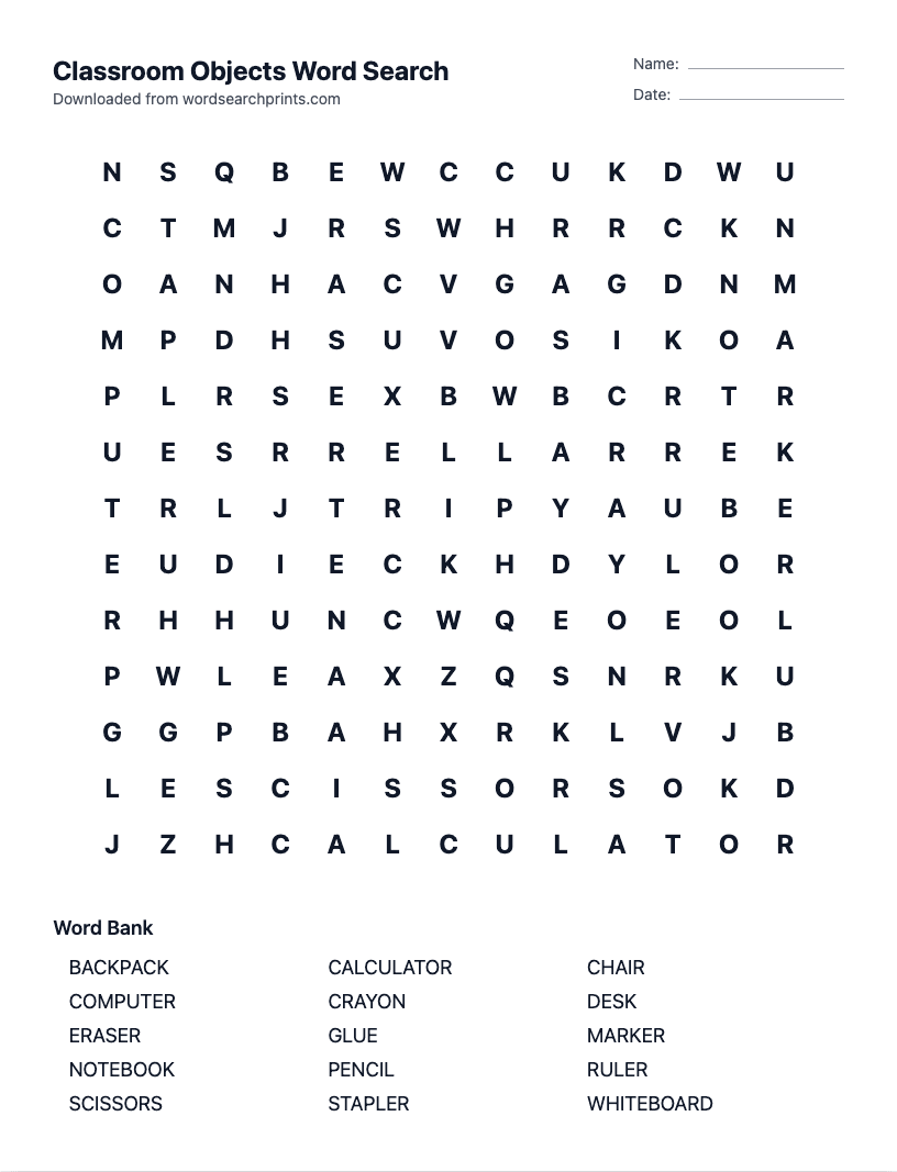Classroom Objects Word Search