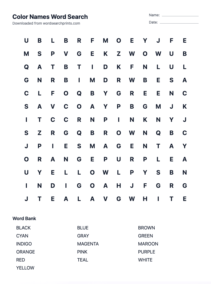 Color Names Word Search