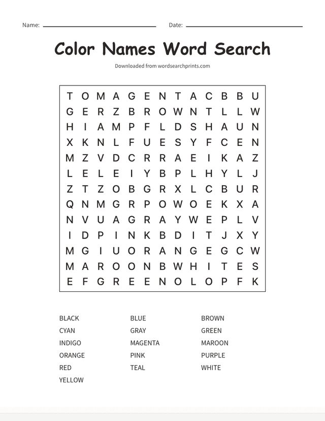 Printable color names kindergarten morning work word search puzzle