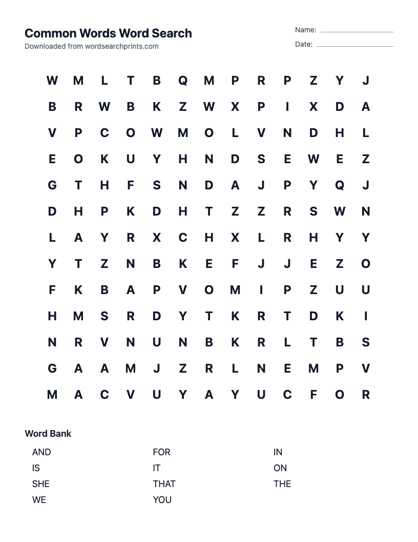 Common Words Word Search