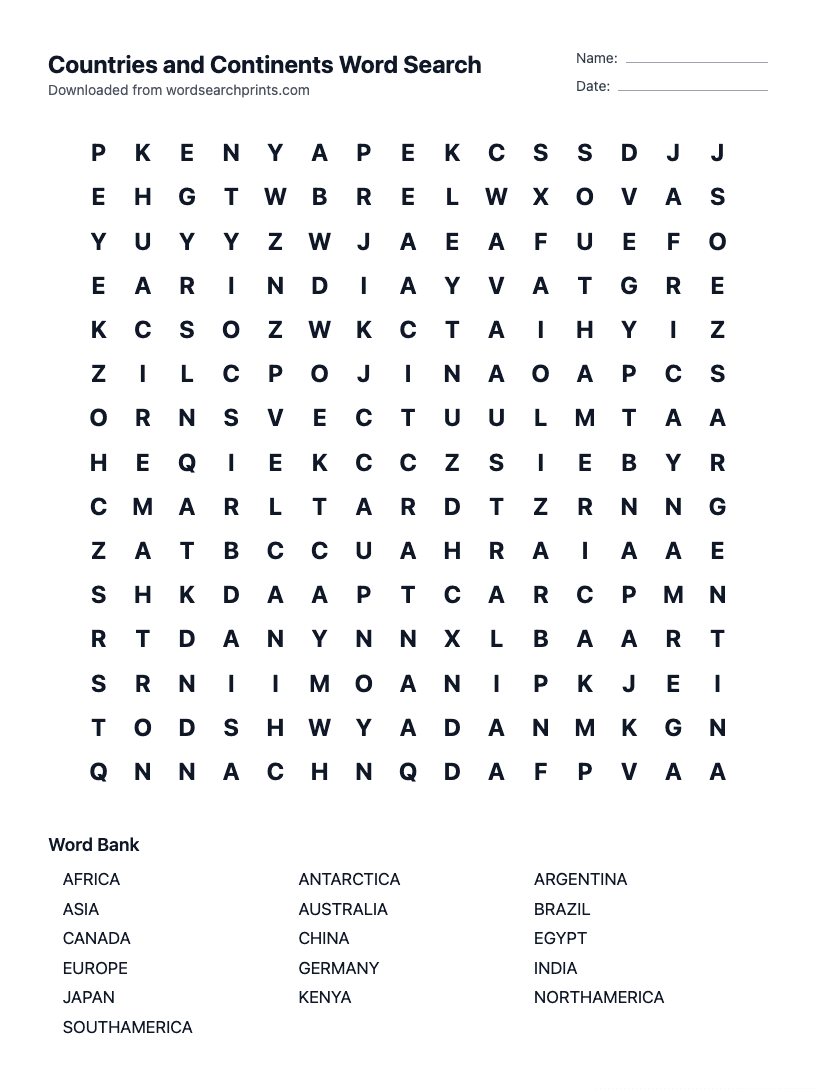 Countries and Continents Word Search