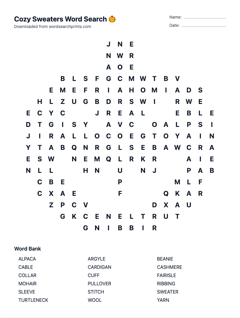 Cozy Sweaters Word Search