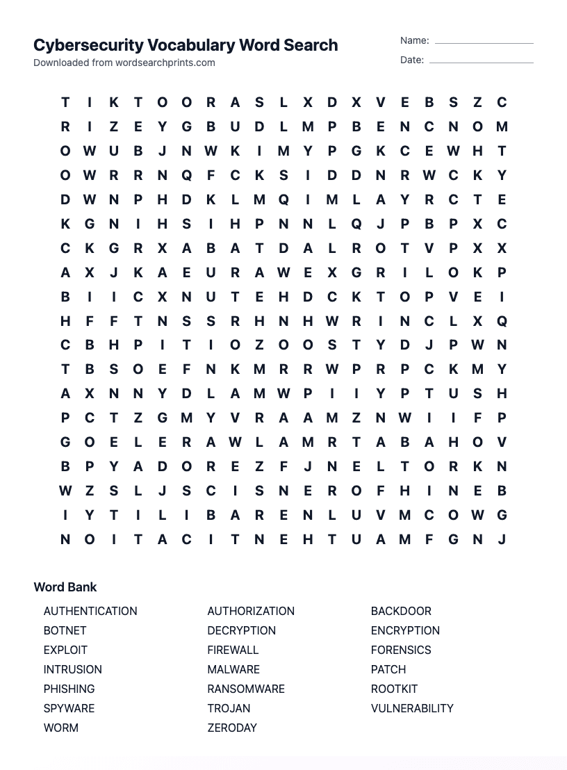 Cybersecurity Vocabulary Word Search