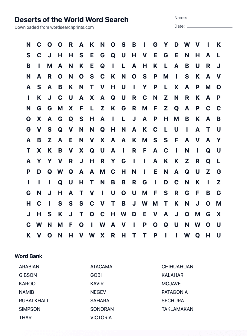 Deserts of the World Word Search