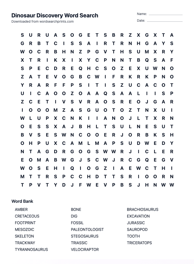 Dinosaur Discovery Word Search