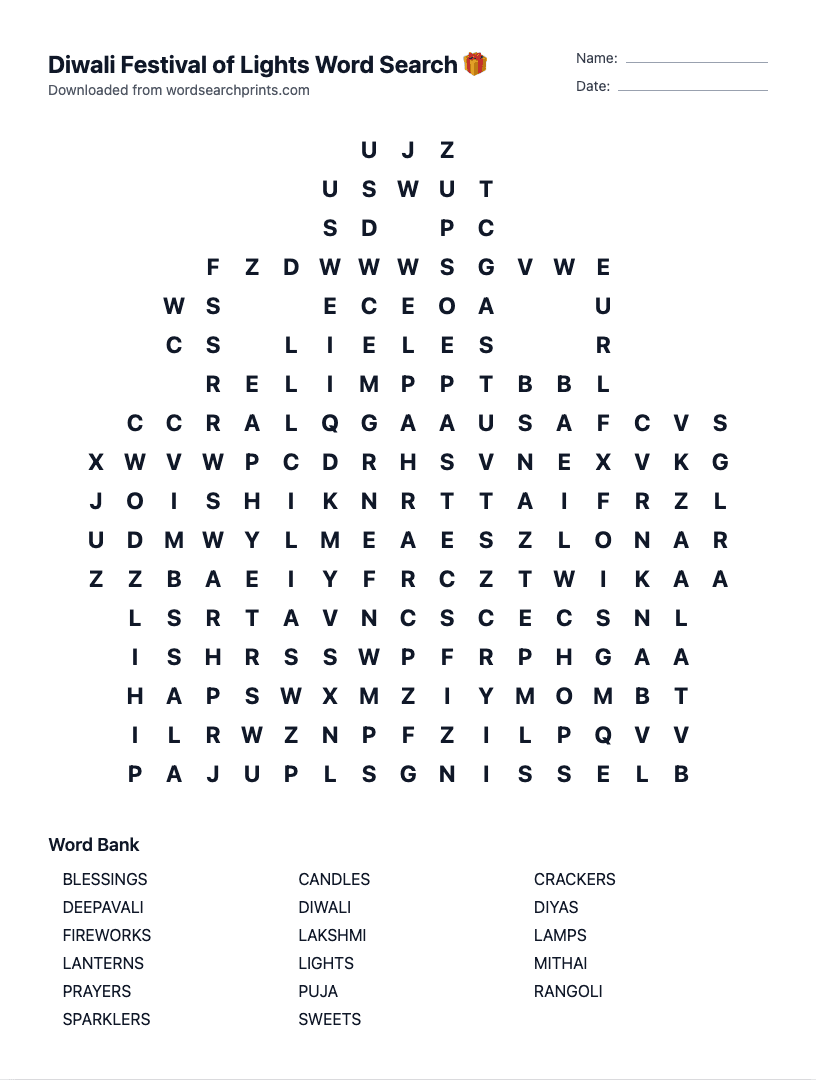 Diwali Festival of Lights Word Search
