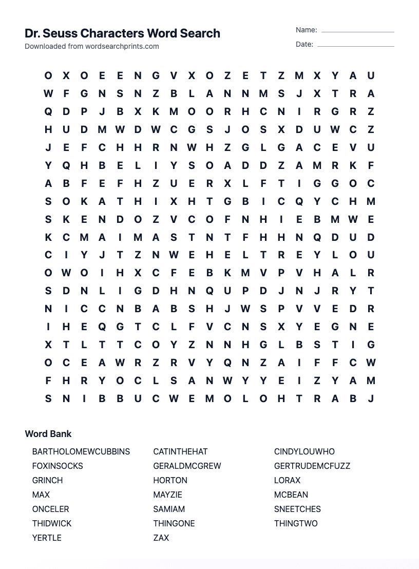 Dr. Seuss Characters Word Search
