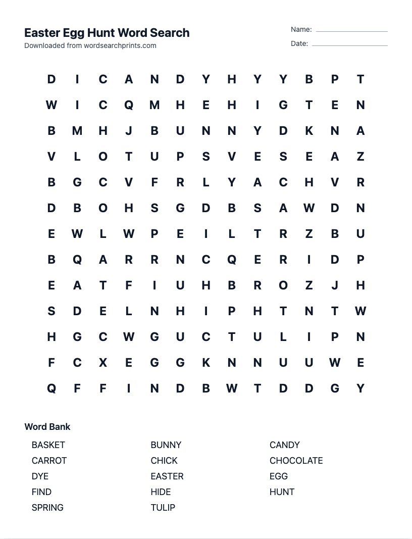 Easter Egg Hunt Word Search