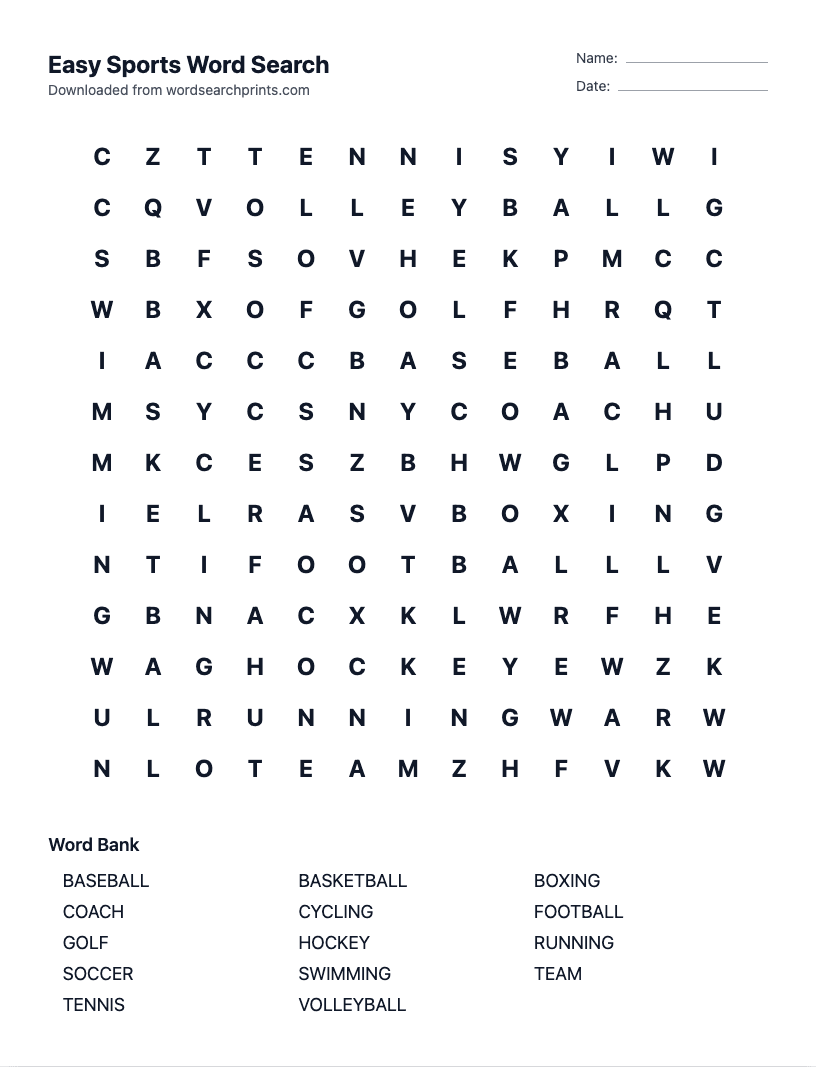 Easy Sports Word Search