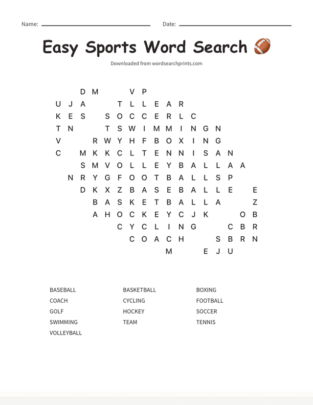 Printable easy sports word search puzzle for kids