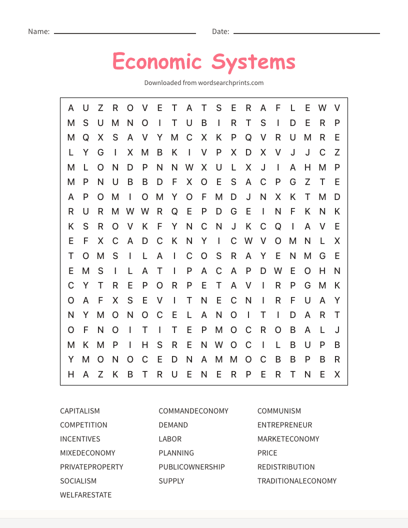 Economic Systems Word Search