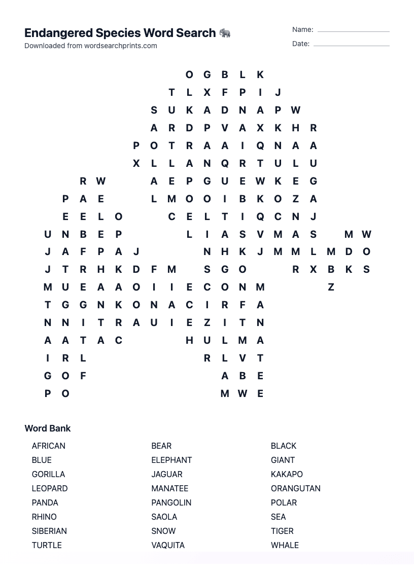 Endangered Species Word Search