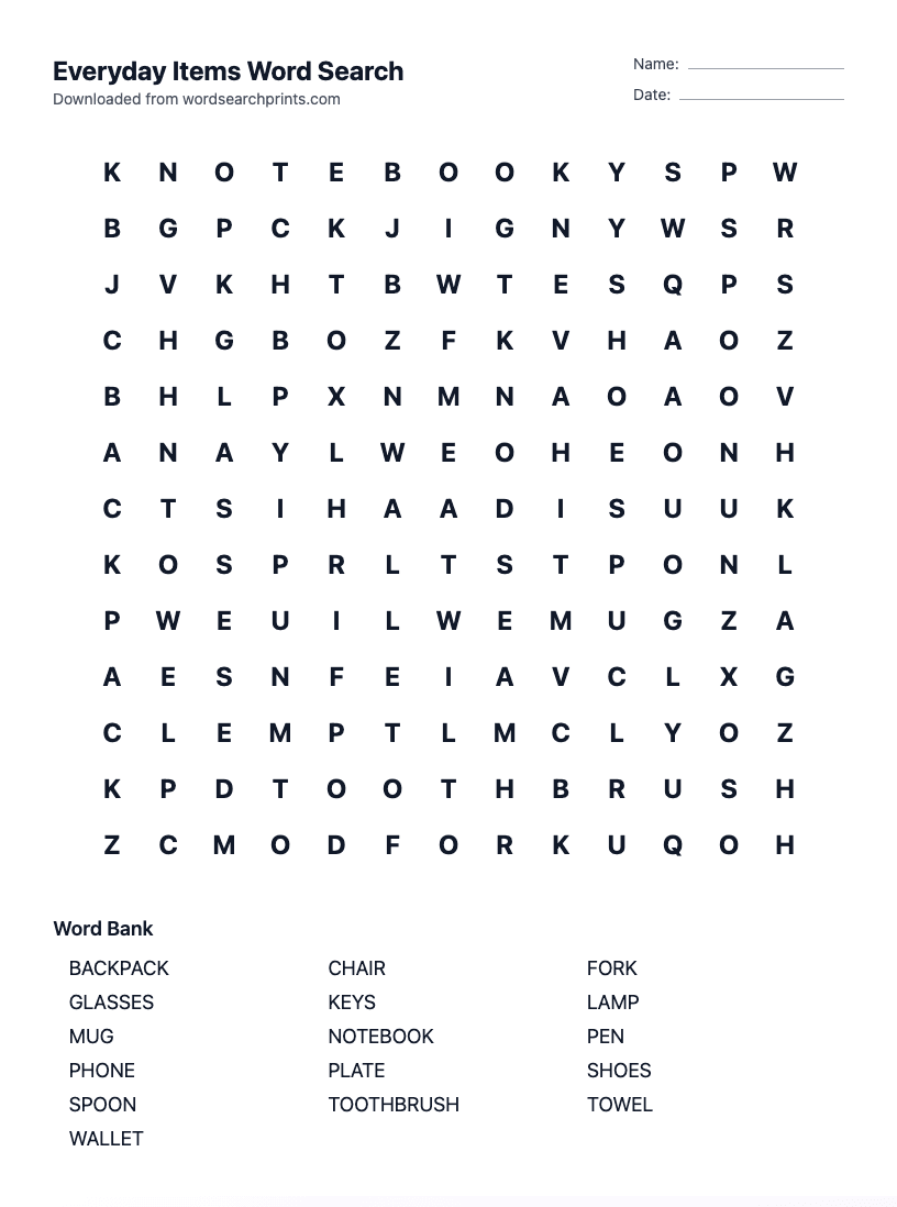 Everyday Items Word Search