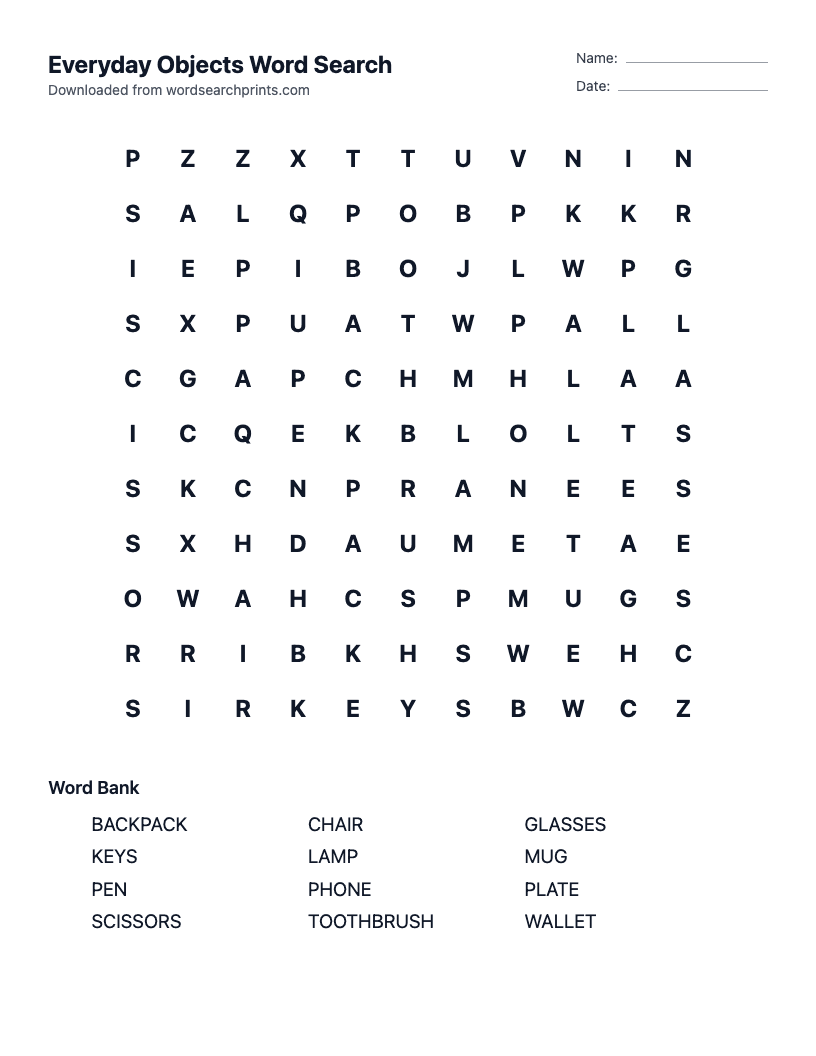 Everyday Objects Word Search
