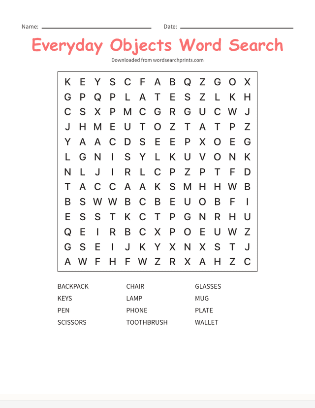 Printable everyday objects kindergarten morning work word search puzzle