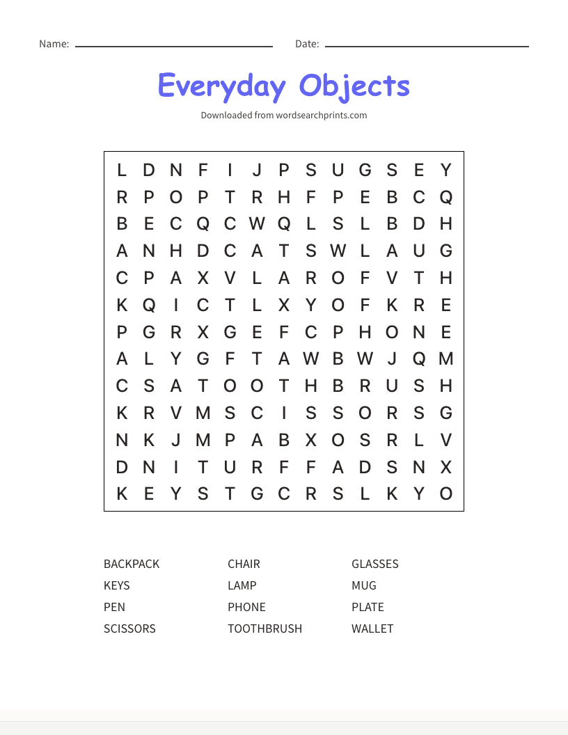 Everyday Objects Word Search