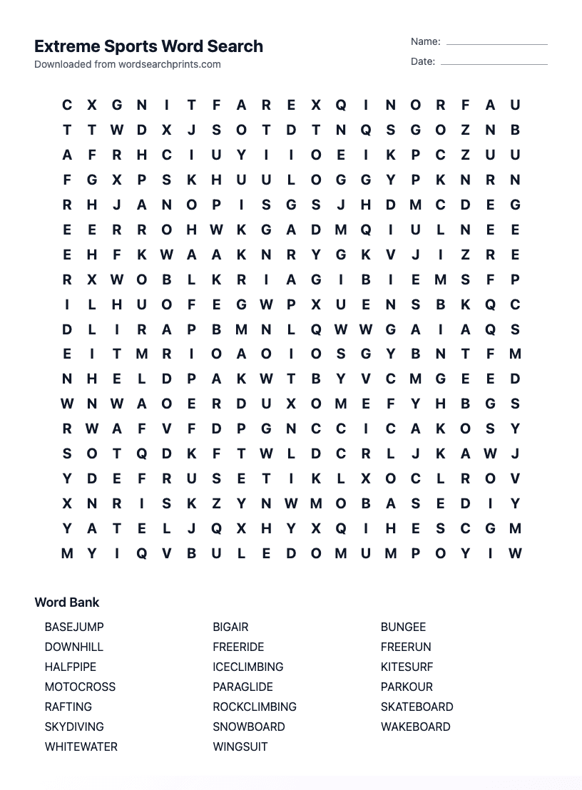 Extreme Sports Word Search