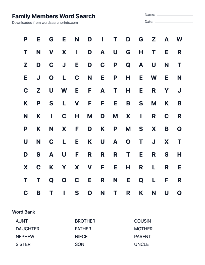 Family Members Word Search
