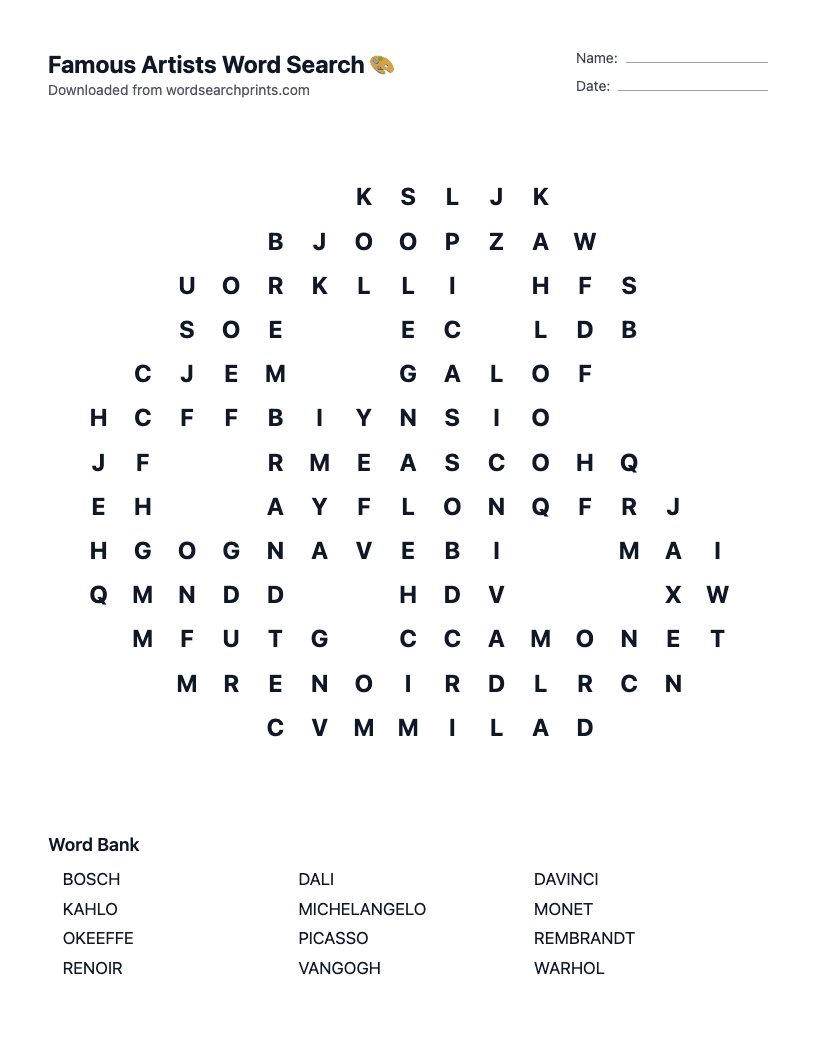 Famous Artists Word Search