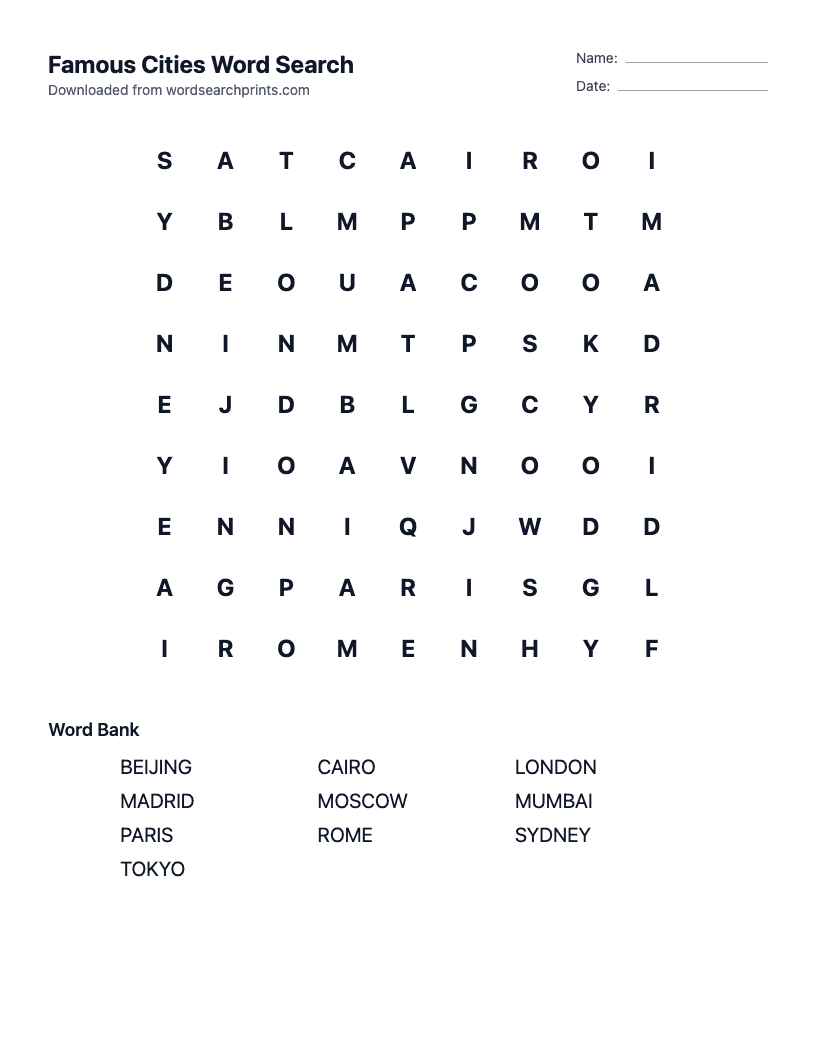 Famous Cities Word Search